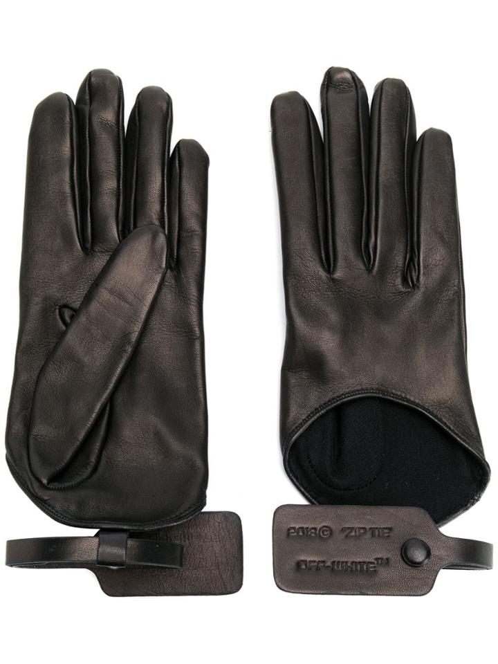 Off-white Tag Detail Leather Gloves - Black