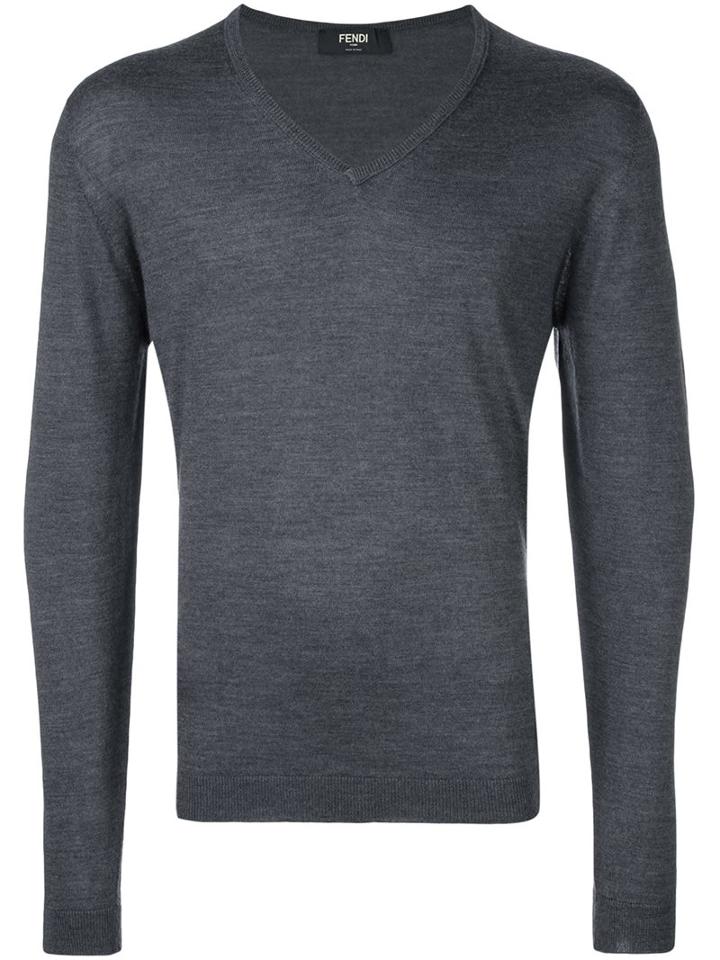 Fendi V-neck Jumper, Men's, Size: 52, Grey, Silk/cashmere/wool