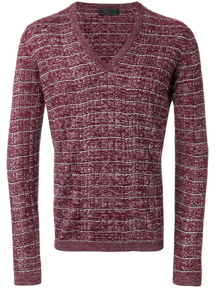 Prada Ribbed V-neck Sweater - Red