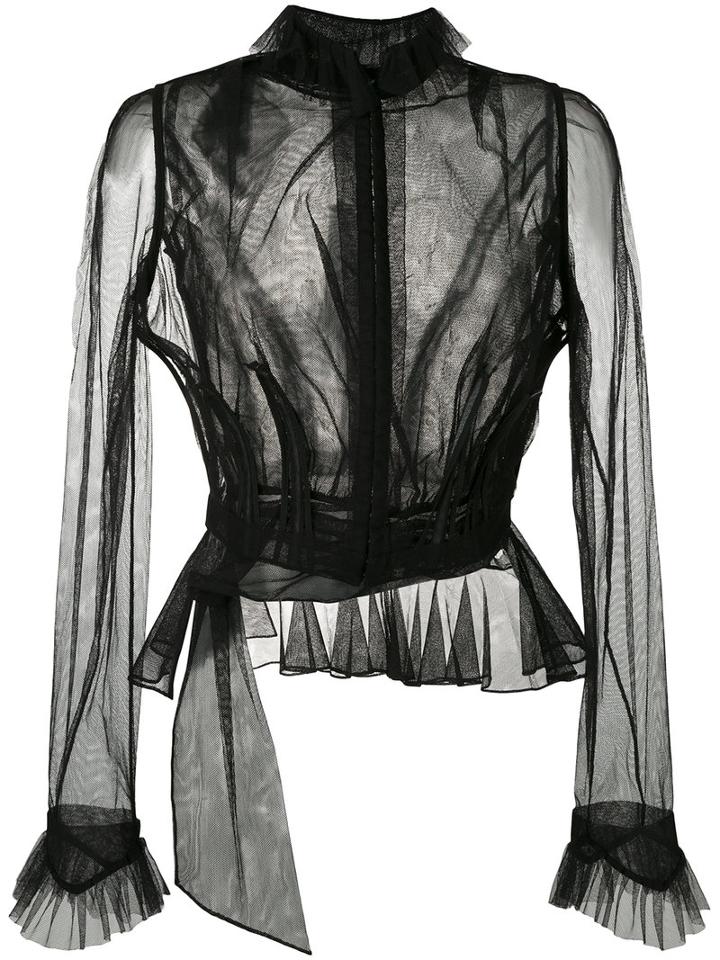 Maison Margiela - Sheer Ruffled Blouse - Women - Cotton/polyamide - 40, Black, Cotton/polyamide