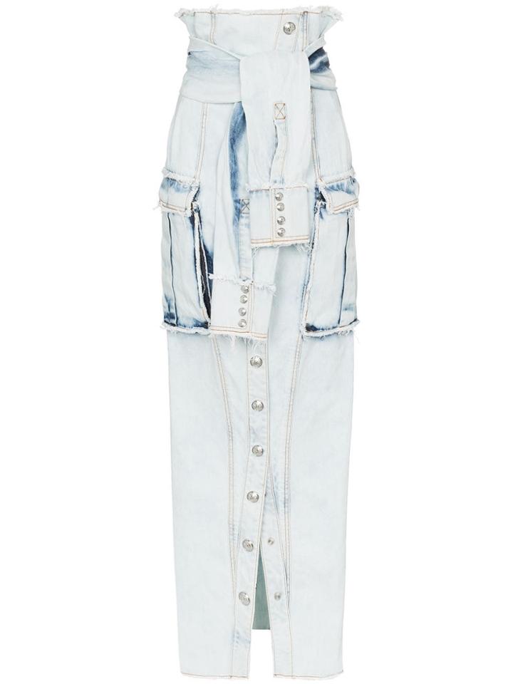 Balmain Distressed Denim Maxi Skirt - Blue