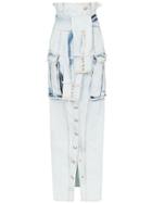 Balmain Distressed Denim Maxi Skirt - Blue