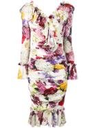 Dolce & Gabbana Ruffle Floral Charmeuse Dress - White