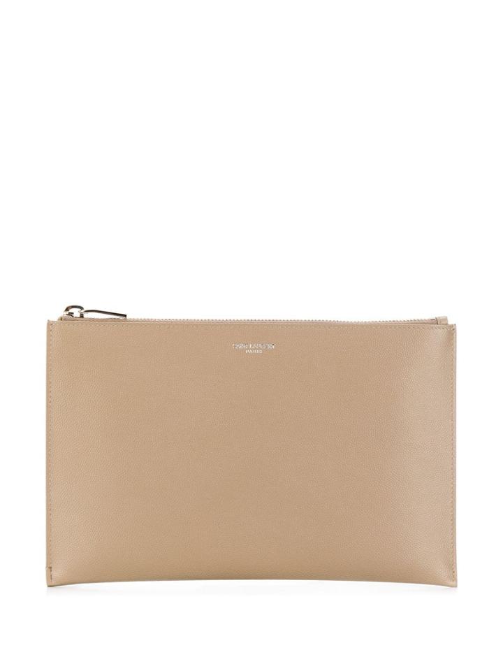Saint Laurent Pebbled Leather Zipped Clutch - Neutrals