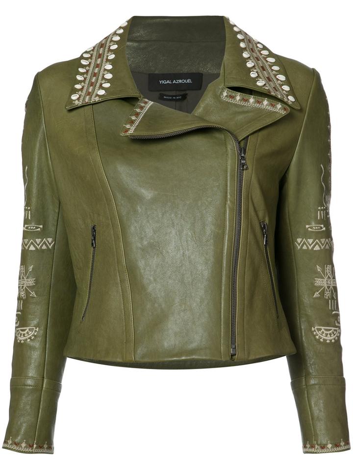 Yigal Azrouel - Embroidered Biker Jacket - Women - Lamb Skin - 14, Women's, Green, Lamb Skin