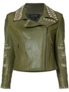 Yigal Azrouel - Embroidered Biker Jacket - Women - Lamb Skin - 14, Women's, Green, Lamb Skin
