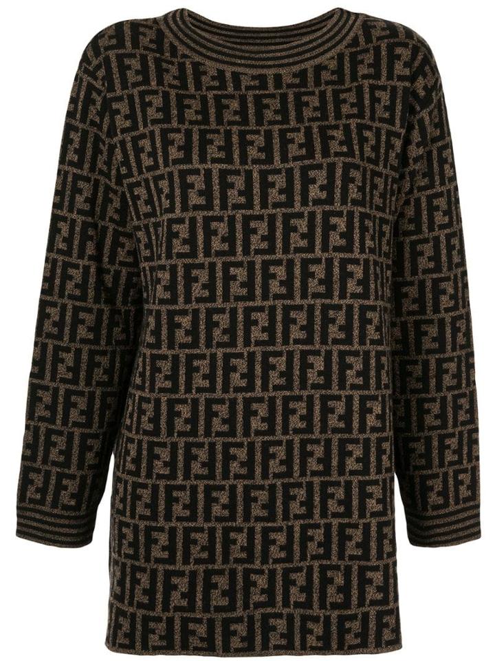 Fendi Pre-owned Zucca Pattern Long Sleeve Knit One Piece Dress - Brown