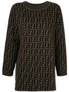 Fendi Pre-owned Zucca Pattern Long Sleeve Knit One Piece Dress - Brown