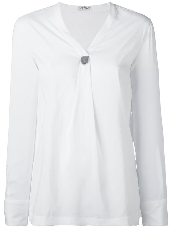 Brunello Cucinelli Classic V-neck Blouse, Women's, Size: Large, White, Silk/spandex/elastane