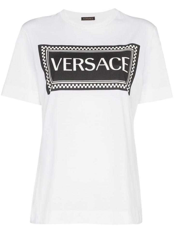Versace Logo And Check Print Cotton T-shirt - White