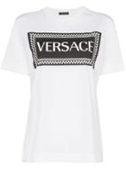 Versace Logo And Check Print Cotton T-shirt - White