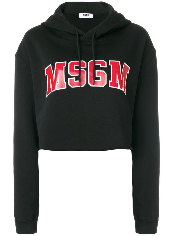 Msgm Cropped Logo Print Hoodie - Black