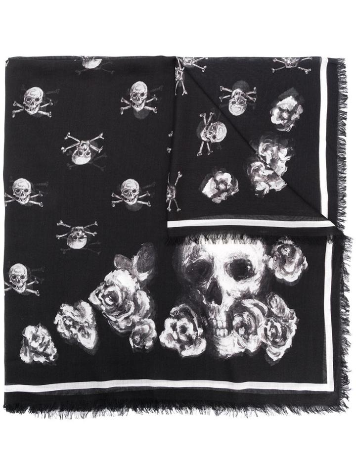 Alexander Mcqueen Skull Rose Motif Scarf - Black