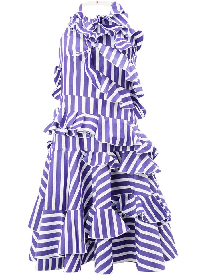 Maison Rabih Kayrouz Striped Ruffled Sleeveless Dress - Pink & Purple