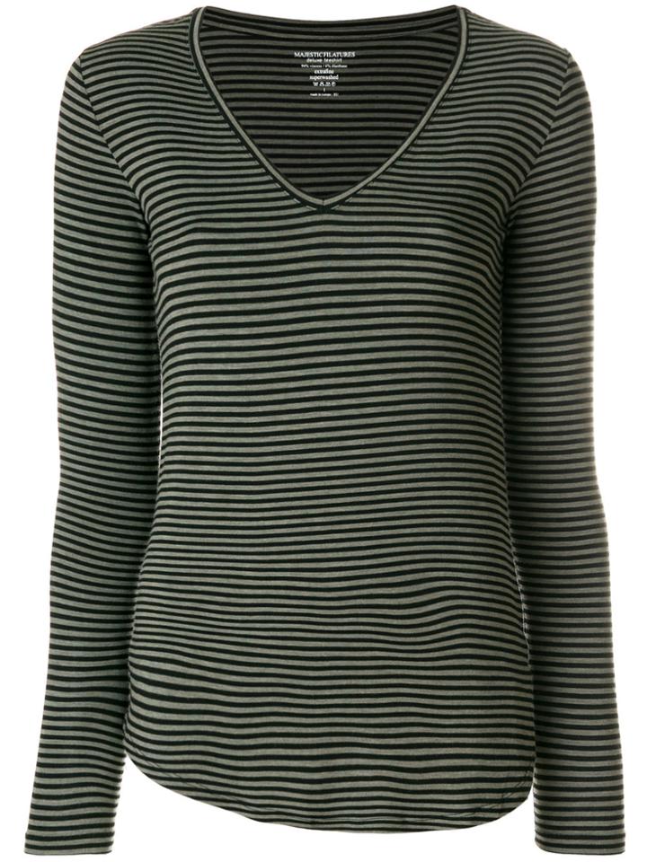Majestic Filatures V-neck Striped Jersey Top - Black