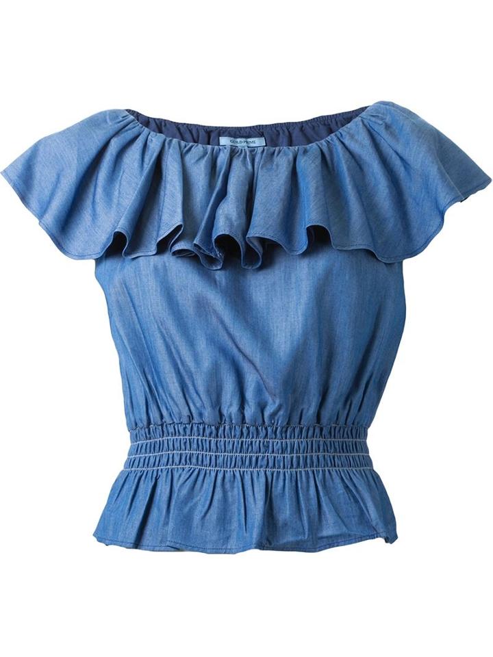 Guild Prime Boat Neck Ruffle Denim Effect Blouse