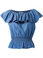 Guild Prime Boat Neck Ruffle Denim Effect Blouse