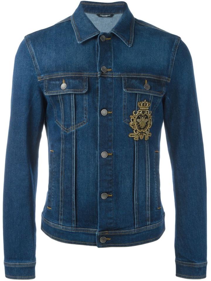Dolce & Gabbana Embroidered Patch Denim Jacket, Men's, Size: 50, Blue, Cotton/spandex/elastane