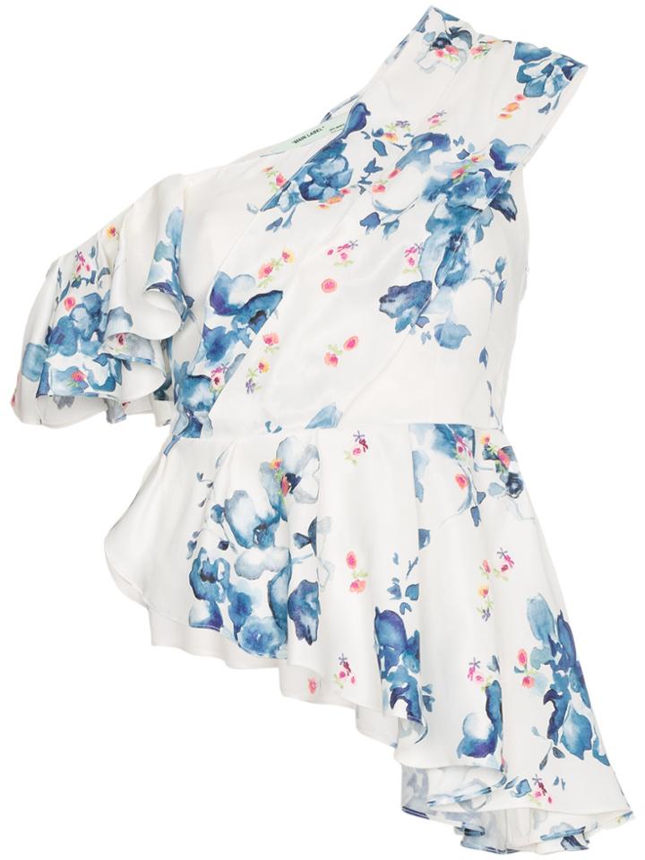 Off-white Floral Print Off-shoulder Asymmetric Ruffle Top
