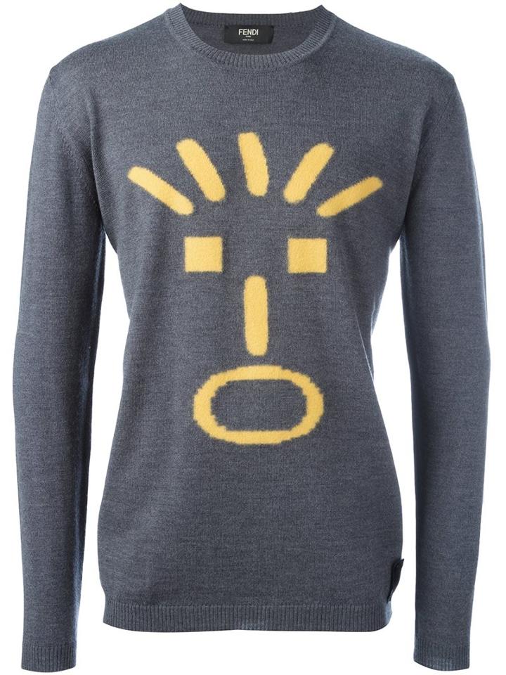 Fendi Face Intarsia Jumper, Men's, Size: 50, Grey, Wool