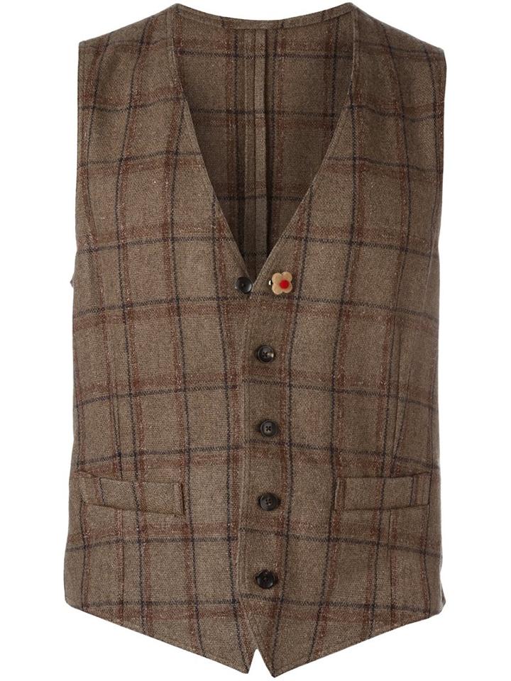 Lardini Checked Waistcoat, Men's, Size: 50, Brown, Nylon/viscose/wool