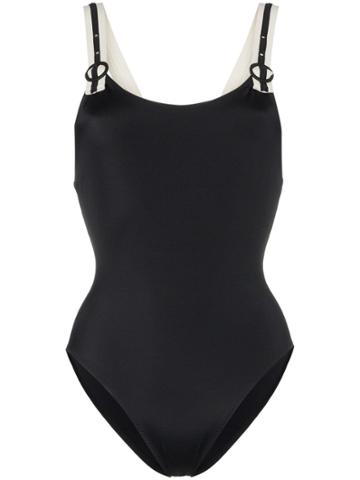 Solid And Striped Contrast Strap Swimsuit - Black