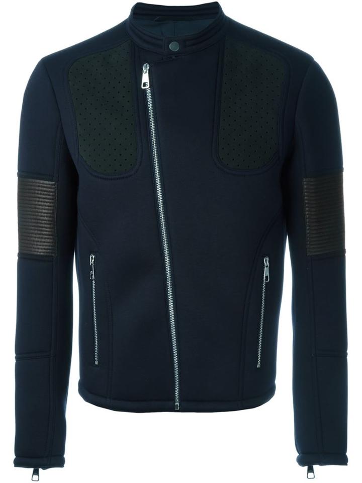 Neil Barrett Panelled Biker Jacket, Men's, Size: M, Blue, Viscose/polyester/polyurethane/polyester