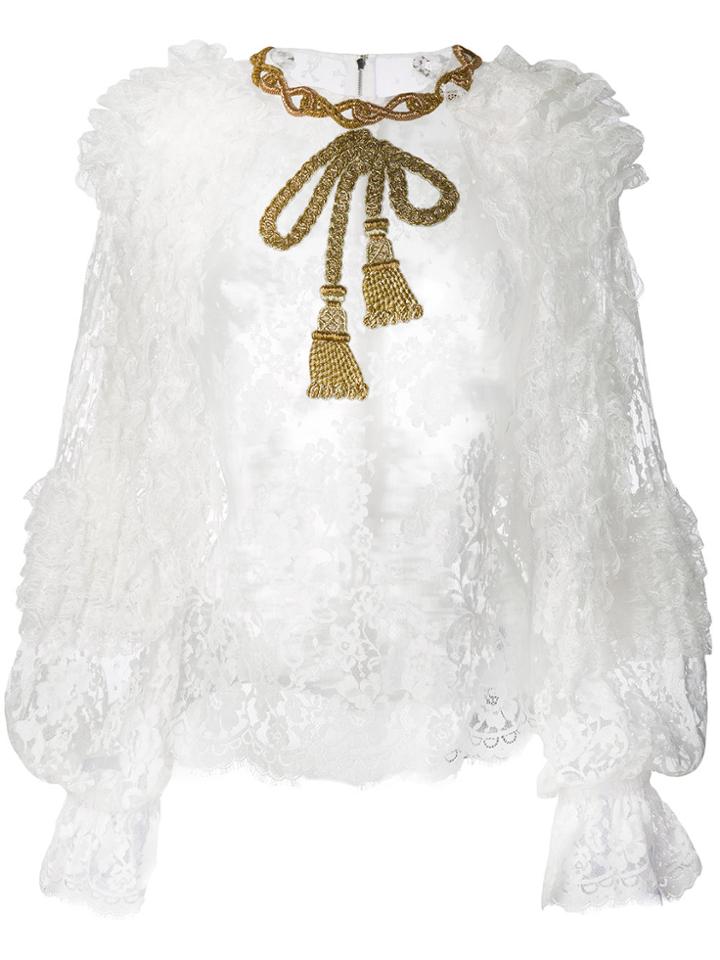 Dolce & Gabbana Embellished Bow Lace Blouse - White