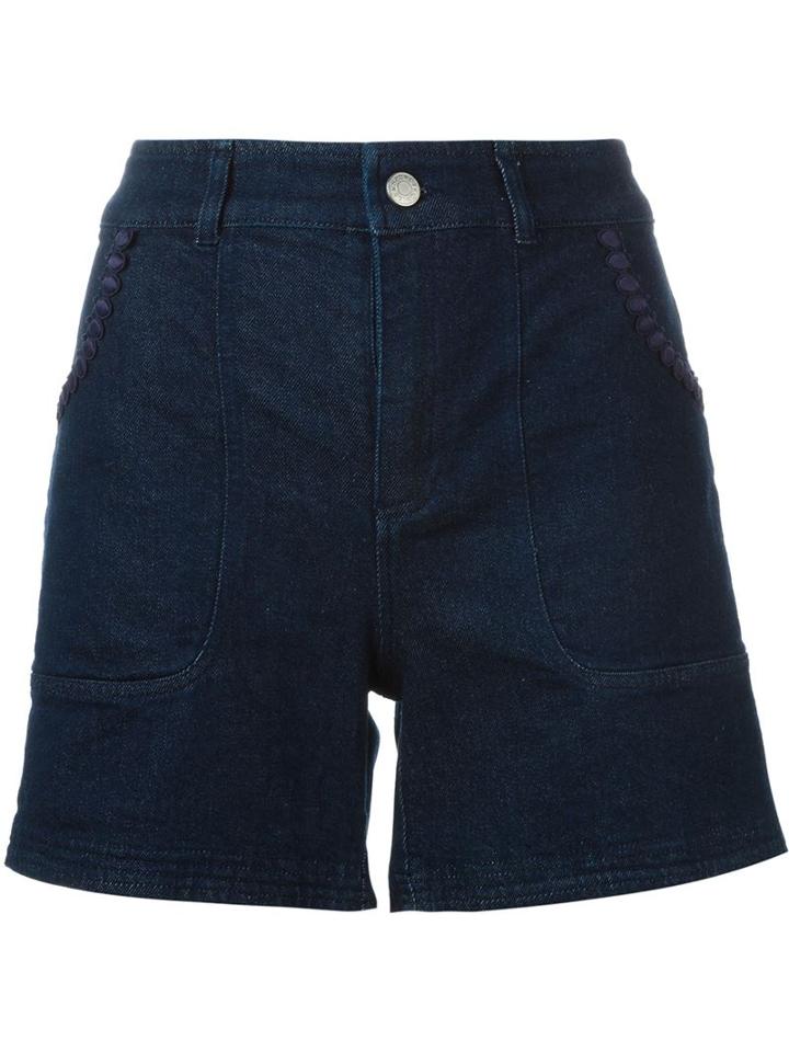See By Chloé Embroidered Trim Denim Shorts, Women's, Size: 26, Blue, Cotton/spandex/elastane