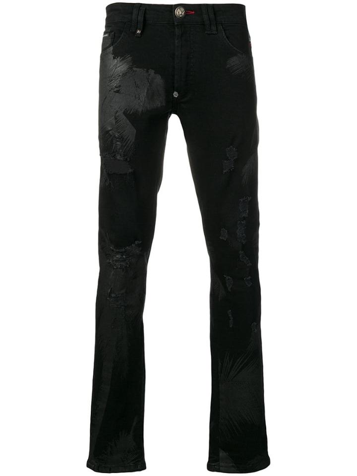 Philipp Plein Palm Print Distressed Jeans - Black