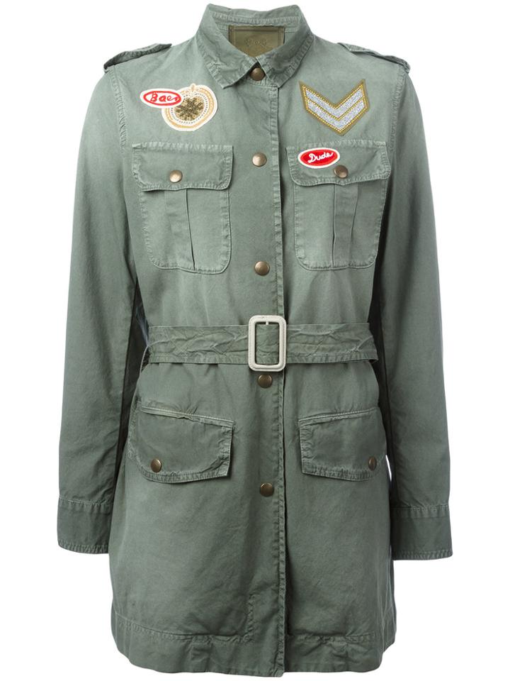 Mr & Mrs Italy Embroidered Patch Belted Jacket - Green