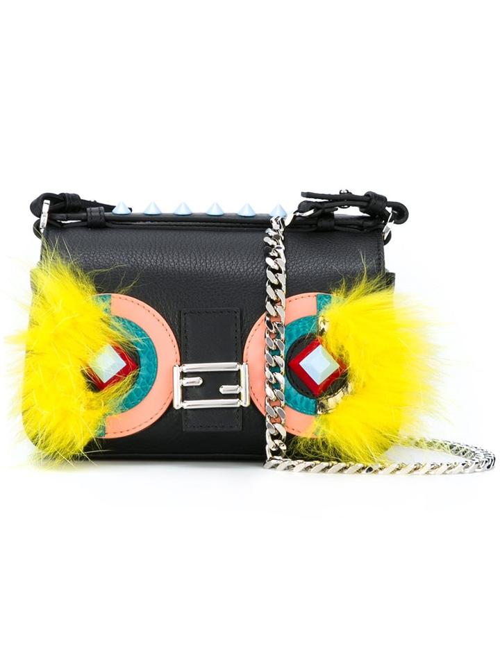 Fendi - Micro Double Baguette Crossbody Bag - Women - Calf Leather/fox Fur - One Size, Black, Calf Leather/fox Fur