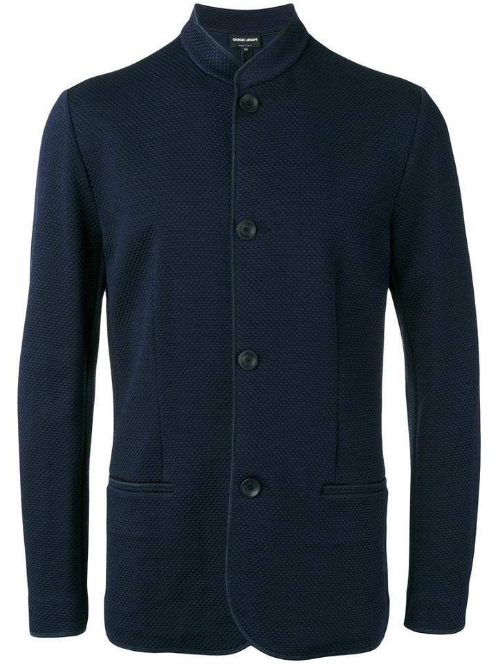 Giorgio Armani Jacquard Knit Mandarin Collar Jacket, Men's, Size: 54, Blue, Polyamide/spandex/elastane/viscose