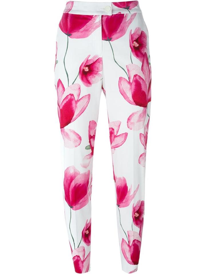 Armani Jeans Floral Print Trousers, Women's, Size: 42, White, Cotton/spandex/elastane