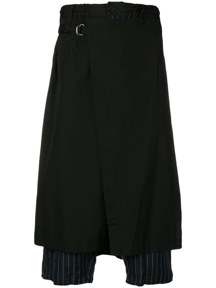Yohji Yamamoto Cropped Striped Trousers With Overlay - Black
