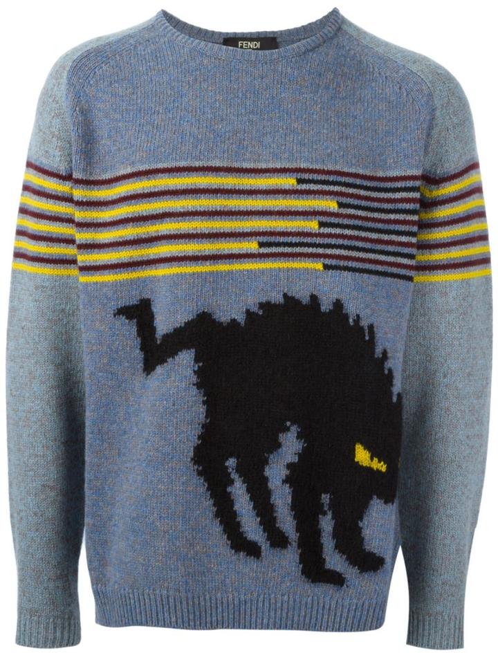 Fendi Cat Intarsia Jumper, Men's, Size: 46, Blue, Polyamide/mohair/wool