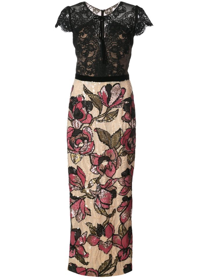 Marchesa Notte Sequined Lace Column Gown - Black