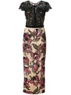 Marchesa Notte Sequined Lace Column Gown - Black
