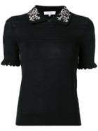 Carven - Embroidered Collar Polo Top - Women - Silk/merino - Xs, Black, Silk/merino