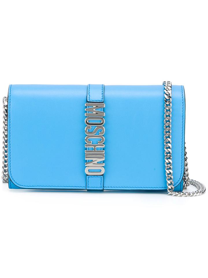 Moschino Letters Clutch, Women's, Blue, Calf Leather/metal