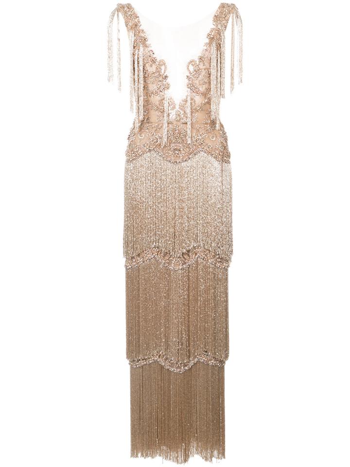 Marchesa Embroidered Fringed Gown - Metallic