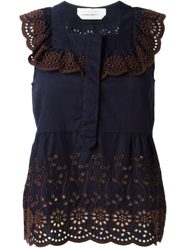 See By Chloé Broderie Anglaise Top, Women's, Size: 38, Blue, Cotton