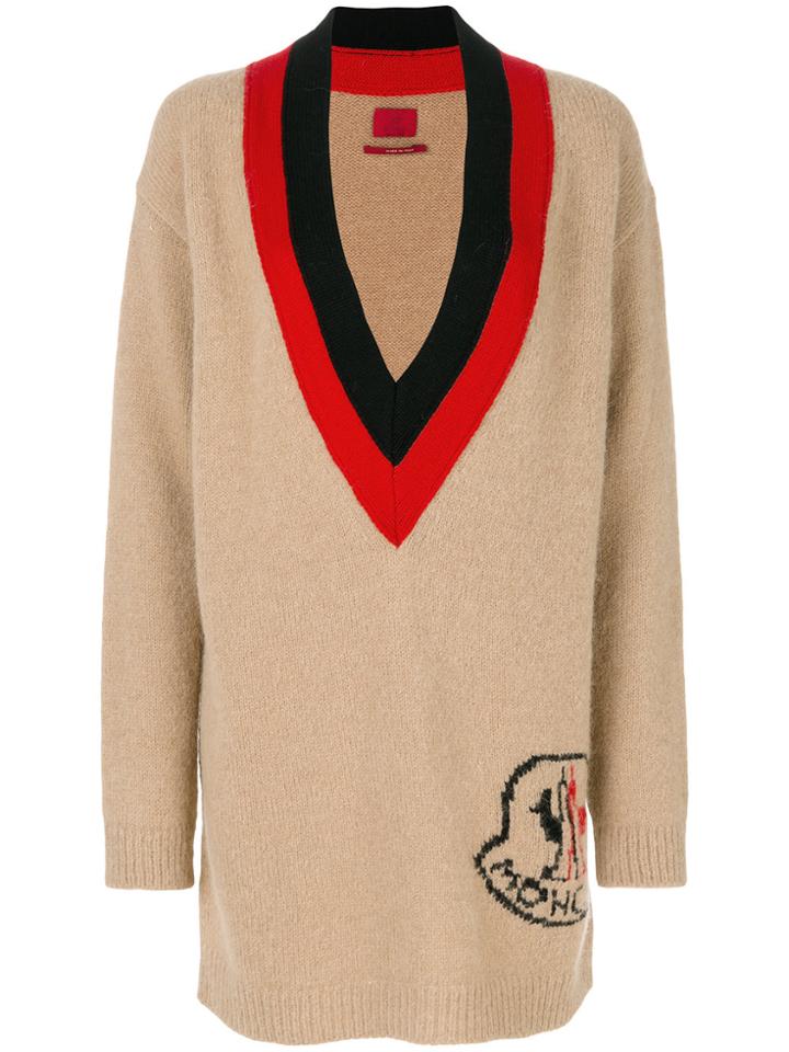 Moncler Gamme Rouge Deep Plunge Jumper With Logo - Nude & Neutrals