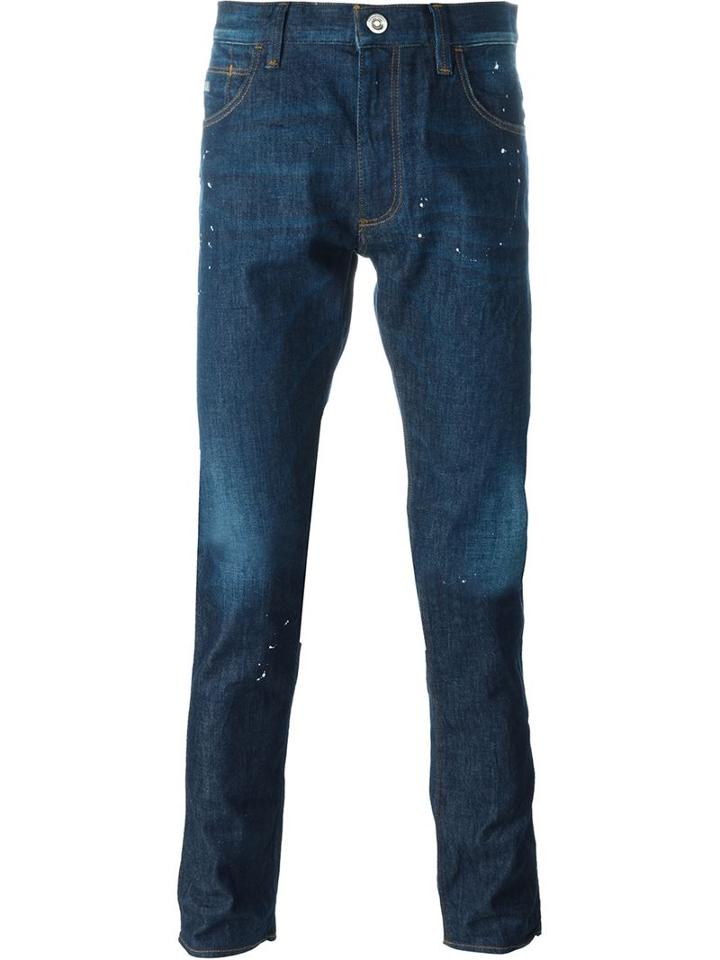 Emporio Armani Paint Splash Print Jeans, Men's, Size: 31, Blue, Cotton/spandex/elastane