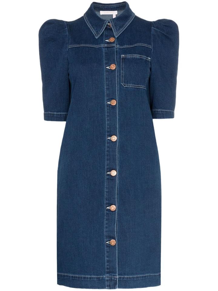 See By Chloé Puff Sleeve Button-down Denim Mini Dress - Blue