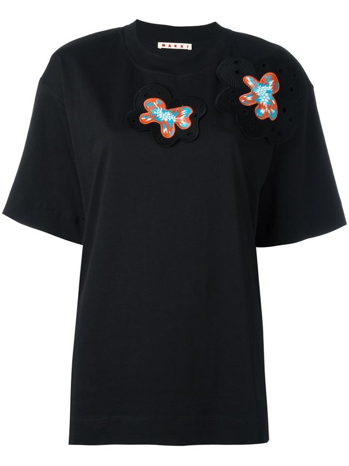 Marni Floral Appliqué T-shirt, Women's, Size: 42, Black, Cotton/spandex/elastane
