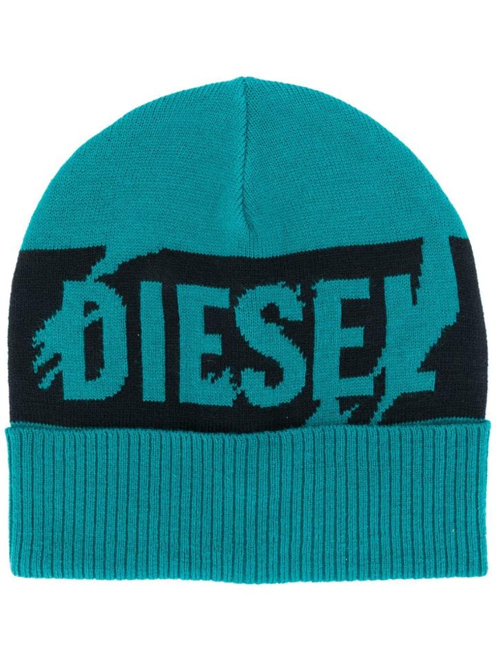 Diesel Intarsia Logo Knitted Beanie - Green