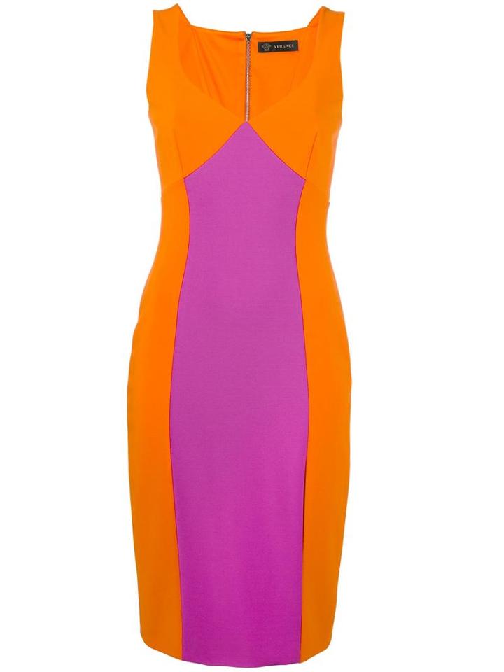 Versace Colour Block V-neck Dress, Women's, Size: 40, Yellow/orange, Viscose/polyamide/spandex/elastane
