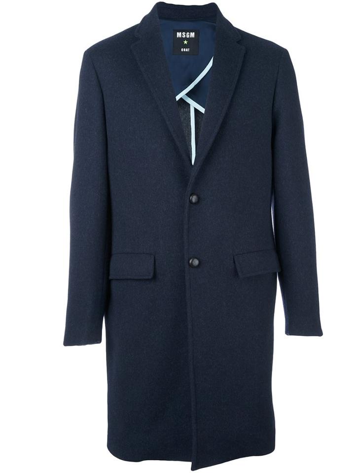 Msgm Flap Pockets Mid-length Coat, Men's, Size: 48, Blue, Polyester/acetate/virgin Wool