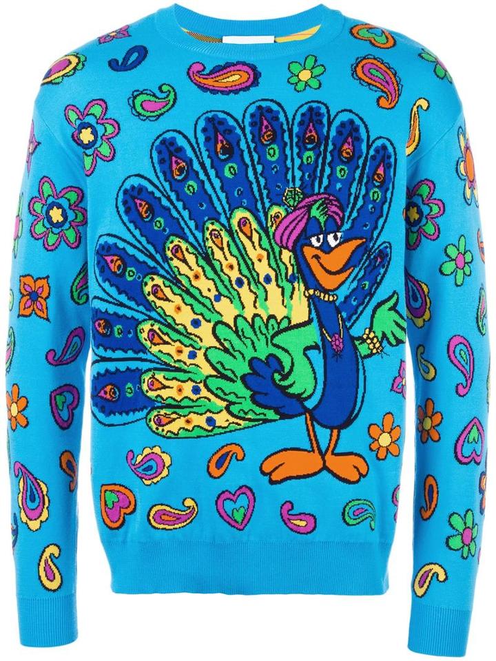 Moschino Peacock Intarsia Jumper, Men's, Size: 48, Blue, Cotton